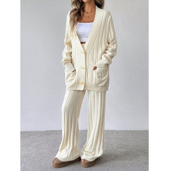 2pcs Women Sbutton down Long Sleeve Cardigan & Knitted Pants Set - Picture 4 of 6